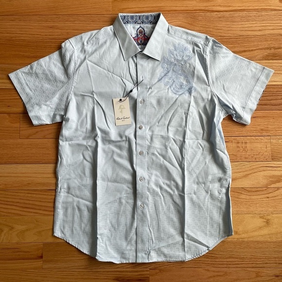 Robert Graham Light Blue Short Sleeve Tonal Patterned Leakey Button Down NWT L - Picture 1 of 9